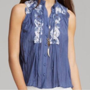 COPY - Free People Sleeveless Lace Inset Collar Buttondown worn by Jenna Hamilt…